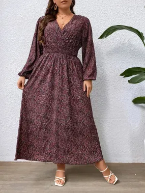 Women's Plus Size Waisted Ditsy Floral Print Lantern Sleeve Dresses