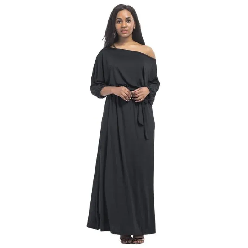 Women's Slash Neck Lantern Sleeve Solid Long Maxi Dress for Evening Party