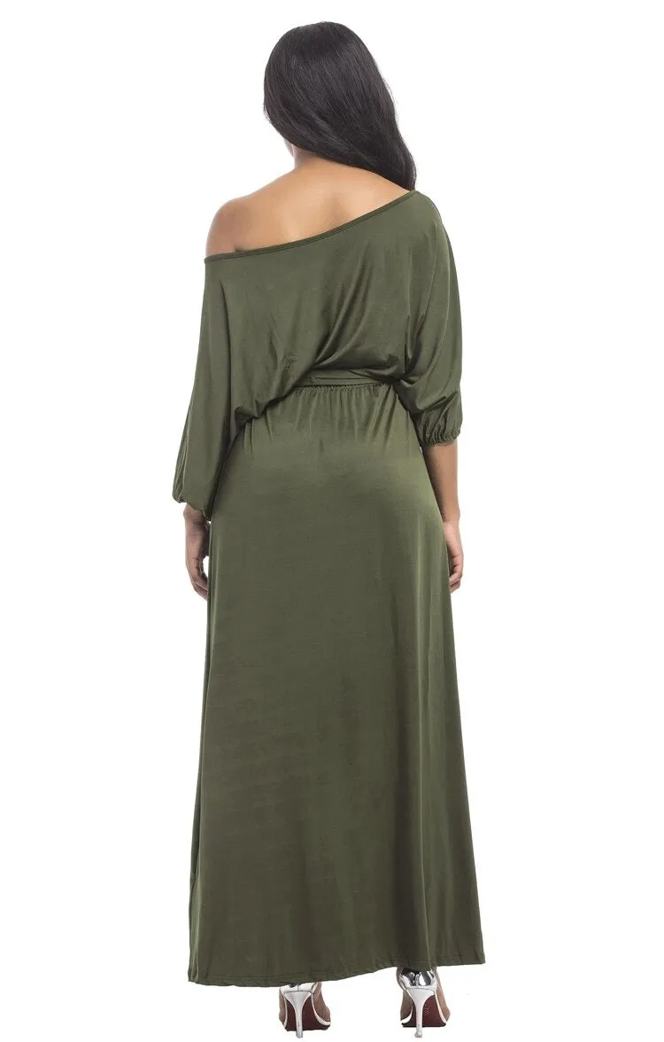 Women's Slash Neck Lantern Sleeve Solid Long Maxi Dress for Evening Party