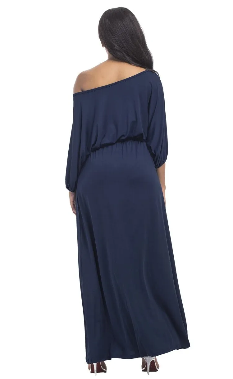 Women's Slash Neck Lantern Sleeve Solid Long Maxi Dress for Evening Party