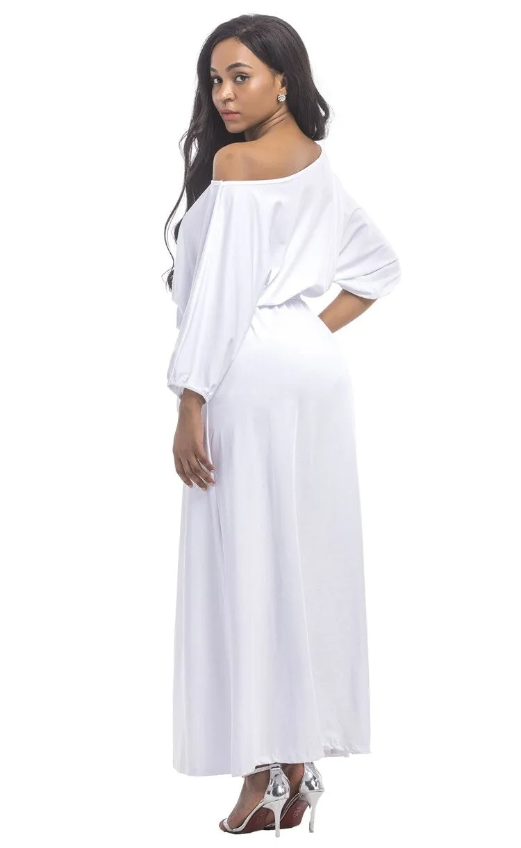 Women's Slash Neck Lantern Sleeve Solid Long Maxi Dress for Evening Party