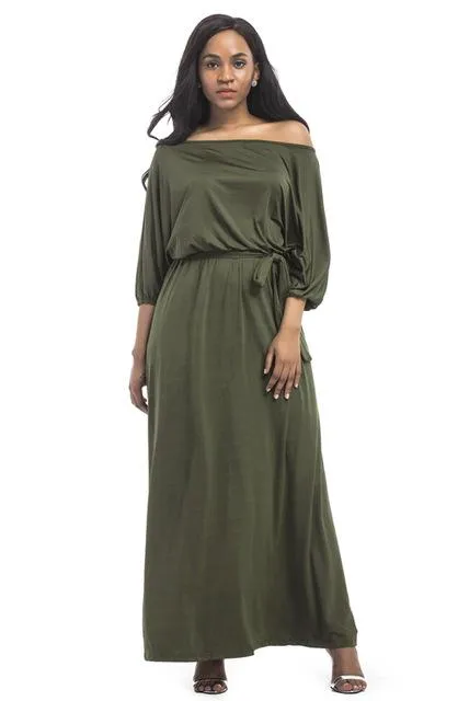 Women's Slash Neck Lantern Sleeve Solid Long Maxi Dress for Evening Party