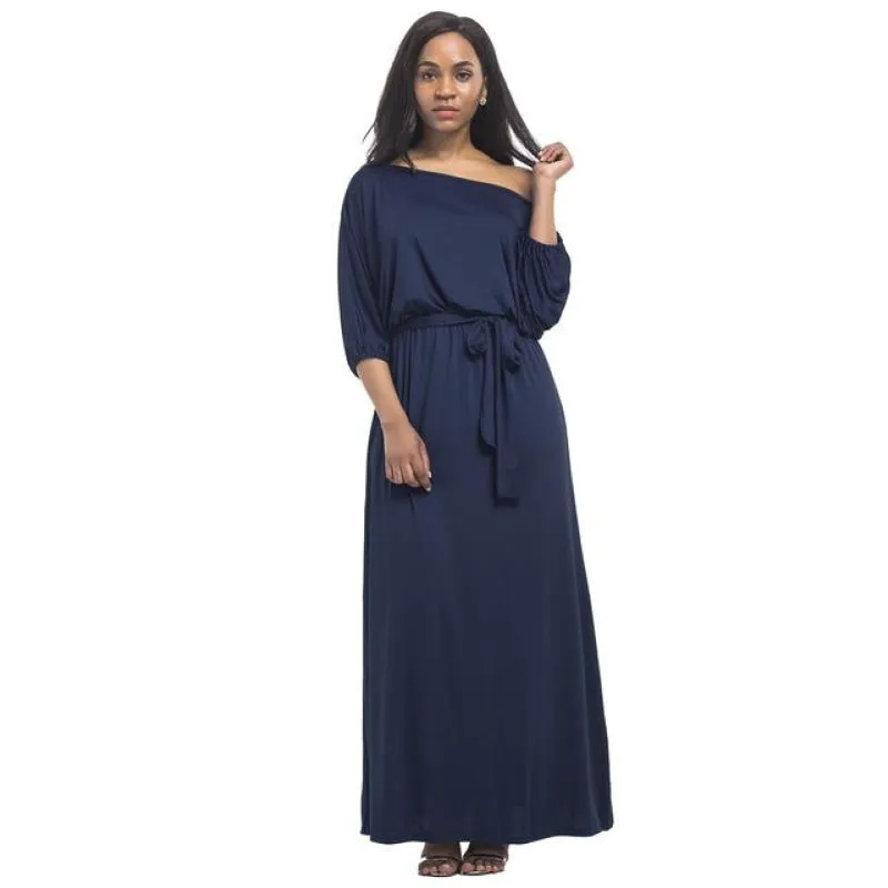 Women's Slash Neck Lantern Sleeve Solid Long Maxi Dress for Evening Party