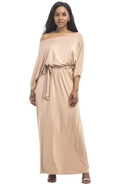 Women's Slash Neck Lantern Sleeve Solid Long Maxi Dress for Evening Party