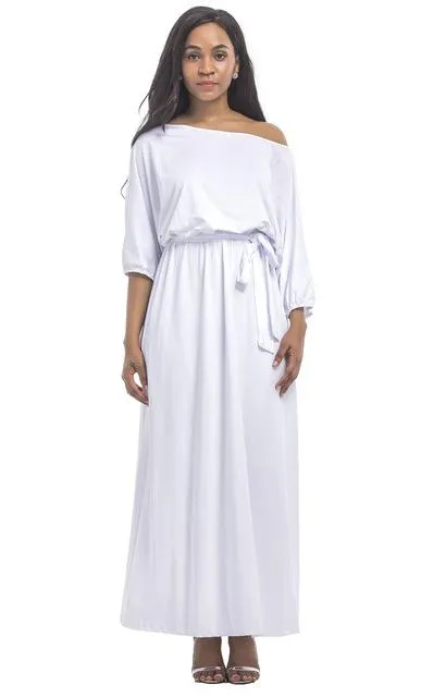 Women's Slash Neck Lantern Sleeve Solid Long Maxi Dress for Evening Party