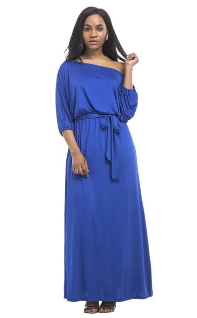 Women's Slash Neck Lantern Sleeve Solid Long Maxi Dress for Evening Party