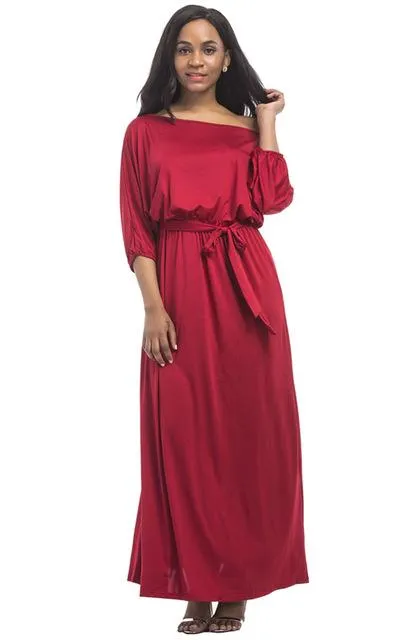 Women's Slash Neck Lantern Sleeve Solid Long Maxi Dress for Evening Party