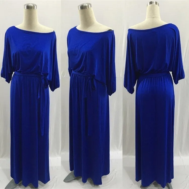 Women's Slash Neck Lantern Sleeve Solid Long Maxi Dress for Evening Party